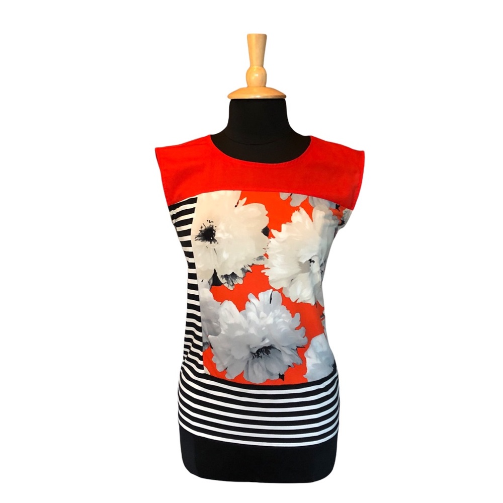 Orange Black & White Calvin Klein Polyester No-Sleeve T-shirt Size M